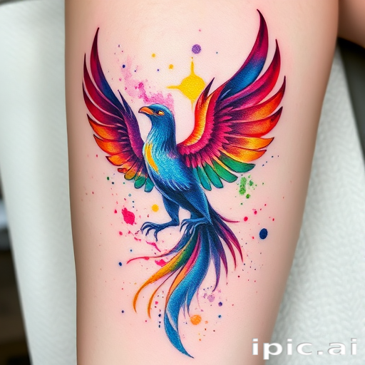 Watercolor splash tattoo named "Prismatic Phoenix" depicting a majestic bird rising from ashes with vibrant rainbow hues blending seamlessly and subtle white ink accents