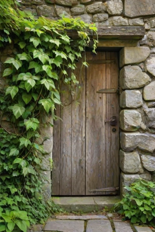 a weathered stone wall with an old wooden door partially opened, surrounded by lush green foliage and a twisting vine, soft natural light illuminating the scene, rustic and charming atmosphere