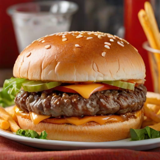 High-resolution, close-up image of a gourmet double cheeseburger. The burger features a glossy, sesame-seed-topped brioche bun. Inside, there are two thick, juicy beef patties, each topped with melted cheddar cheese. The burger is garnished with fresh lettuce, tomato slices, diced onions, and pickles. A generous amount of ketchup and a creamy, orange-colored sauce is dripping down the sides, adding to the mouth-watering appeal. In the background, there are blurred elements including a side of golden French fries and a hint of a beverage, enhancing the overall presentation of a delicious meal.