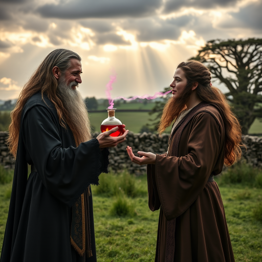 Create a super realistic photo portrait of the sorceress Nimue enthralling the old long haired and bearded magician Merlin with the scent of a magic perfume-potion. Merlin's senses are blurred and he has a happy smile on his face like that of a slightly drunken man. Nimue is standing opposite of Merlin facing him. She is holding out the potion with both hands towards Merlin's nose. A visual depiction of the pink scent soflty creeps into Merlin's nostrils. The picture is set in front of a typical British landscape with grass, a dry stone wall and old and big trees. Cloudy skies with sun-rays braking through giving the picture a soft and romantic tone. HDRI, 8k,V-Ray render