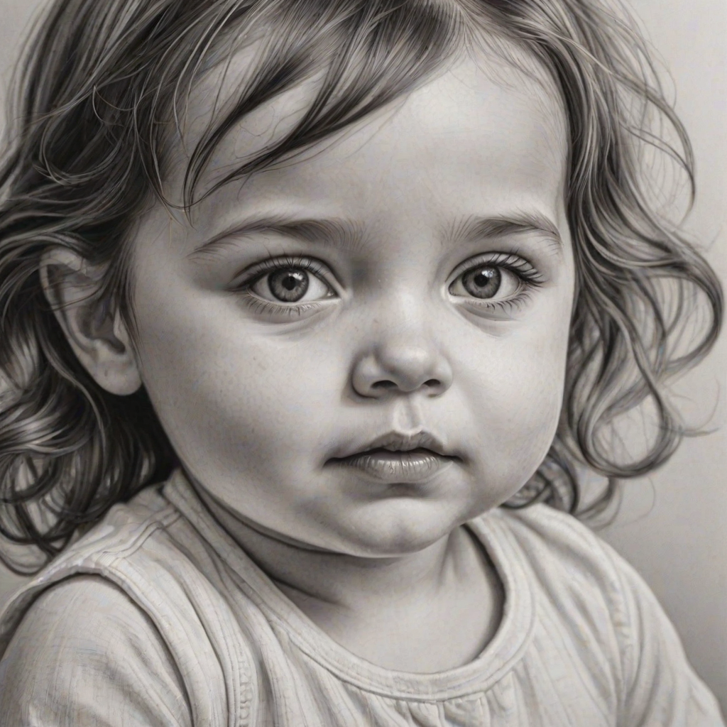 A hyperdetailed photorealistic black and white sketch of a beautiful toddler with deep red eyes, with a macro focus