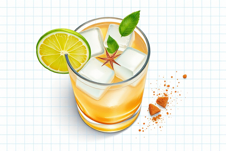 Generate an illustration of a Caipirinha cocktail with ice cubes, half a lime, white rum, and brown sugar on a grid paper background, captured with a Canon EOS R5 at f/2.8, 1/125 sec, ISO 100, using a top-down view with a watercolor style.