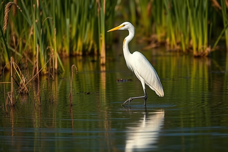 Capture a white heron standing gracefully in shallow water, surrounded by tall grass, with a focus on reflections in the water, shot with a Canon EOS 5D Mark IV at 200mm focal length, f/4 aperture, ISO 100, and a shutter speed of 1/500 sec, in natural lighting.