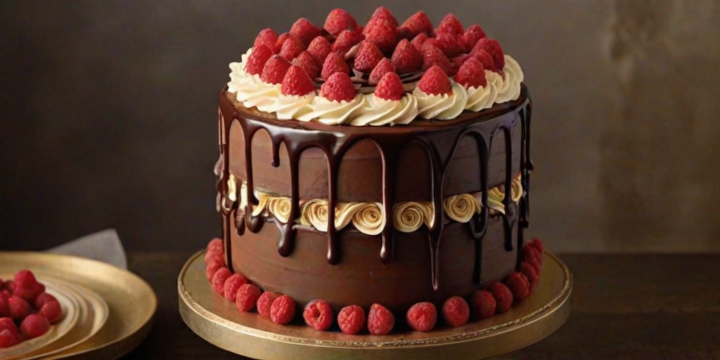Create an image of a three-layer cake with distinct layers of chocolate, raspberry, and vanilla. The top is adorned with fresh raspberries, chocolate curls, and a decorative gold swirl. Place the cake on a dark pedestal stand with a rustic background. Add elegant ribbons in red and gold around the base.