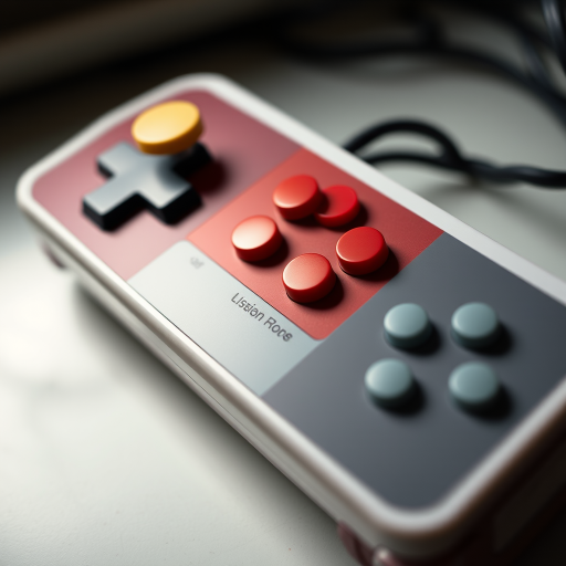 Capture a high-resolution image of a classic video game controller with a focus on its buttons and details, using a 50mm lens, f/1.8 aperture, ISO 100, soft diffused lighting, overhead view, shot on a DSLR camera.