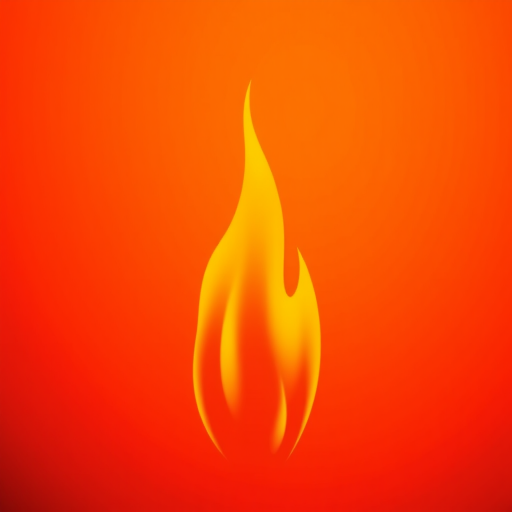 Create a high-definition image of a stylized flame silhouette against a vibrant orange background using a DSLR camera with a 50mm lens, aperture set to f/1.8, ISO 100, and a slow shutter speed of 1/60s to enhance color depth and sharpness.