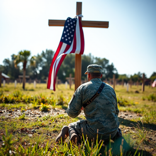 Create a high-resolution image of a soldier kneeling in front of a wooden cross draped with an American flag on a sunny day, using a DSLR camera with a 50mm lens, f/2.8 aperture, ISO 100, and a shallow depth of field, capturing a clear view of the scene with vibrant colors and sharp details.