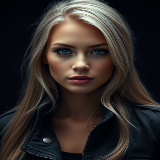 Create a high-resolution portrait of a woman with long blonde hair and striking features, wearing a stylish jacket, set against a dark background; use a DSLR camera with a 50mm lens at f/1.8, ISO 100, and a soft focus style to enhance the depth and detail of the image.