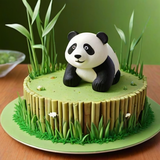 Create an image of a playful cake designed to resemble a panda's habitat. The cake should be decorated with bamboo shoots made of rolled wafer cookies, surrounded by green frosting to mimic grass. At the center, include a cute panda figure peeking out from behind the bamboo. The setting should be outdoors on a sunny day, with a grassy background.