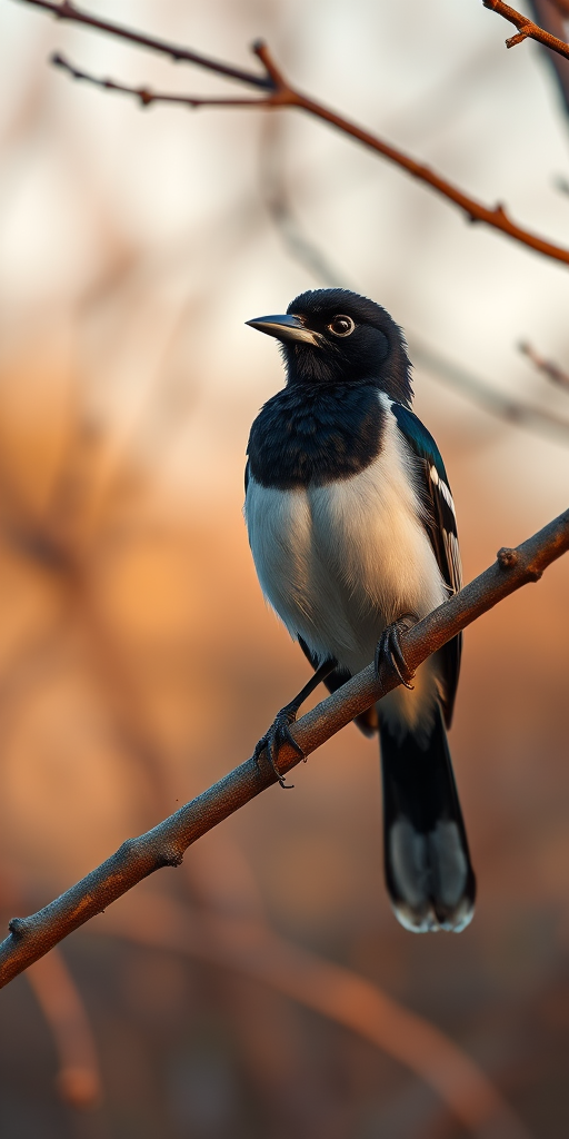 Capture a close-up photograph of a Eurasian magpie perched on a tree branch during golden hour, using a DSLR camera with a 70-200mm lens, aperture set to f/4, ISO 200, shutter speed 1/200s, in natural light to enhance details and colors.