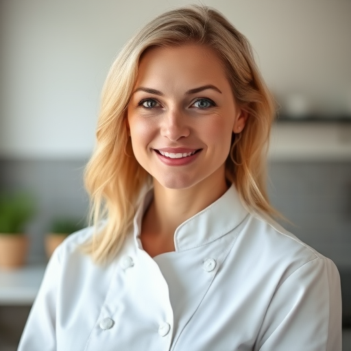 Portrait of a female chef with blonde hair wearing a white chef coat, soft focus background, natural light, ISO 100, f/2.8, 85mm lens, shallow depth of field, portrait mode, shot on a DSLR.
