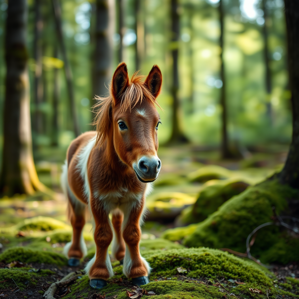 A cute, fluffy miniature horse standing in a lush, mossy forest with tall trees in the background, taken with a Canon EOS R5 at f/1.8, ISO 100, 50mm lens, shallow depth of field, soft bokeh, in natural lighting.