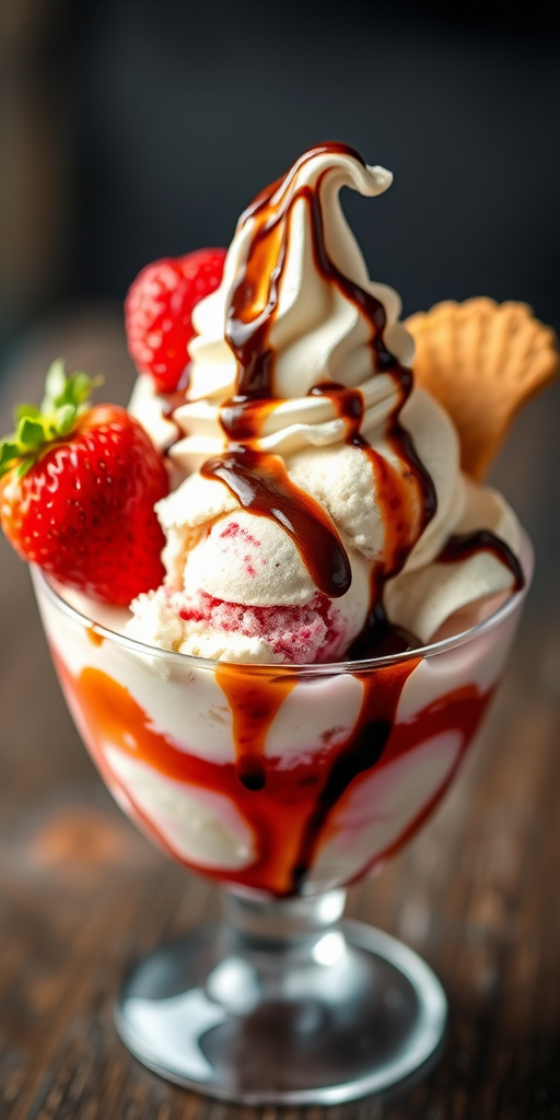Create a highly detailed and vibrant image of a decadent ice cream sundae in a glass bowl, topped with chocolate syrup and fresh strawberries, with a shallow depth of field, using a DSLR camera, f/2.8 aperture, 50mm lens, natural lighting for enhanced colors.