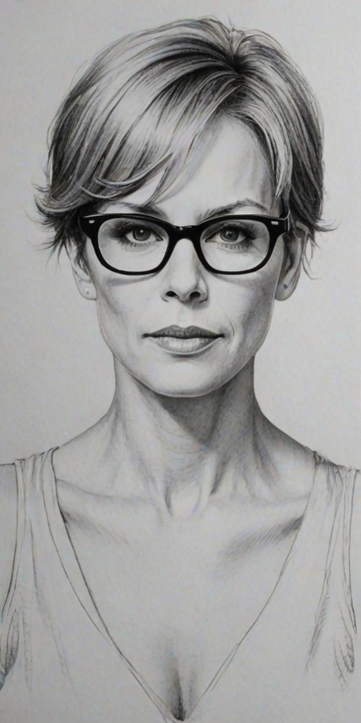 Wonderful Jaime Lee Curtis, pencil sketch, portrait of Delightful woman 1925s in glasses, hair style beatnik, outline, clear lines, fine lines, 8k