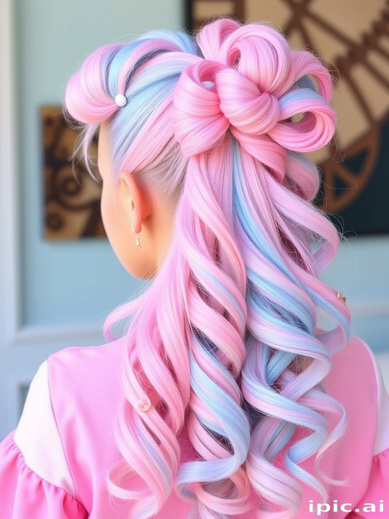 Whimsical image features Cotton Candy Dream hair, a playful mix of pastel pink and baby blue hues, styled in a high ponytail with spiral curls and candy-inspired hair clips
