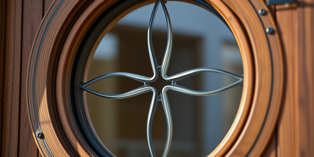 Create a high-resolution image of a circular window design featuring four segments, made of a smooth glass-like material within a detailed wooden frame, captured with a DSLR camera at f/4, ISO 200, 1/100 sec shutter speed, in natural light, using a macro lens for close-up detail.