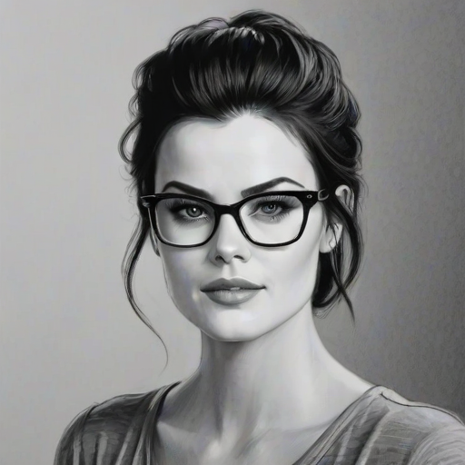 Pleasing Jaimie Alexander, pencil sketch, portrait of Enticing woman 1959s in glasses, hair style beatnik, outline, clear lines, fine lines, 8k