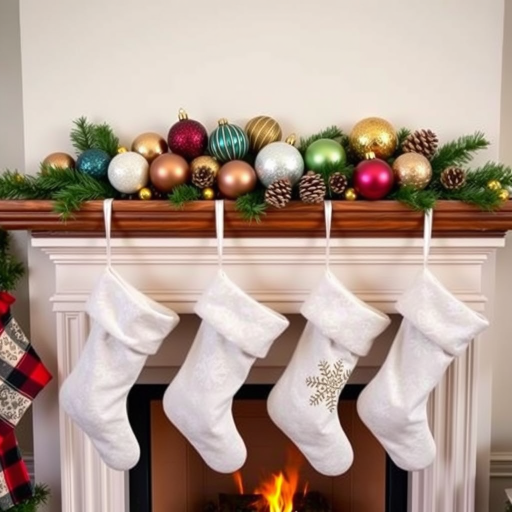 Generate a cozy holiday scene featuring a fireplace adorned with festive stockings. The stockings should be white with decorative patterns like snowflakes. Above the stockings, display a collection of beautifully designed Christmas ornaments in various colors and textures, including some with gold accents. Add some greenery and pinecones to enhance the festive atmosphere.