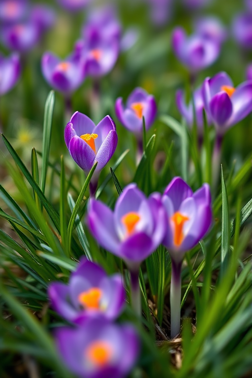 Capture vibrant purple crocuses blooming amidst lush green grass, shallow depth of field, macro lens, f/2.8 aperture, ISO 100, 1/200 sec, natural lighting, close-up view.