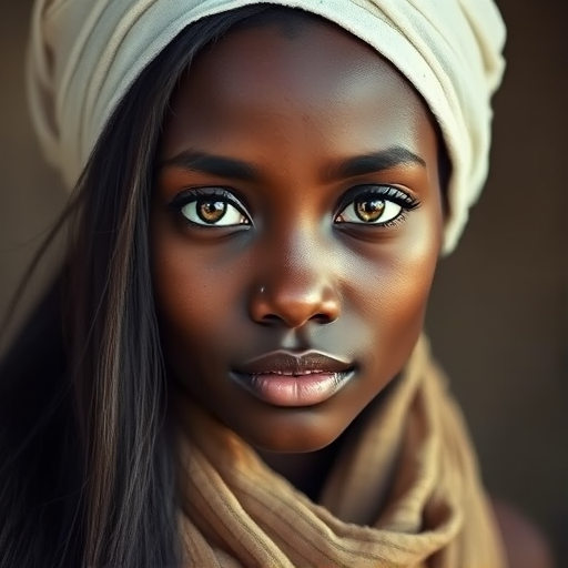 Create a portrait of a young Zulu woman with long, dark hair and captivating hazel eyes. She is wearing a white headscarf and a matching scarf draped gracefully around her neck. The background is softly blurred, focusing attention on her serene and natural expression. The overall color palette is muted and warm, enhancing the intimate and authentic feel of the portrait.
