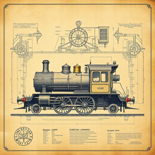 Vintage style illustration of a locomotive blueprint with aged paper texture, detailed engravings and faded ink, 50mm lens, f/8 aperture, ISO 100, shallow depth of field, shot with a full-frame DSLR camera.