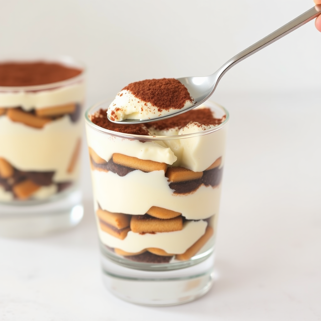 Create an image of a delicious tiramisu dessert in a clear glass. The dessert has layers of creamy mascarpone cheese and coffee-soaked ladyfingers, topped with a dusting of cocoa powder. A spoon is lifting a portion of the dessert, revealing the rich texture and layers inside. The background is minimalistic and light, emphasizing the dessert's appealing appearance.