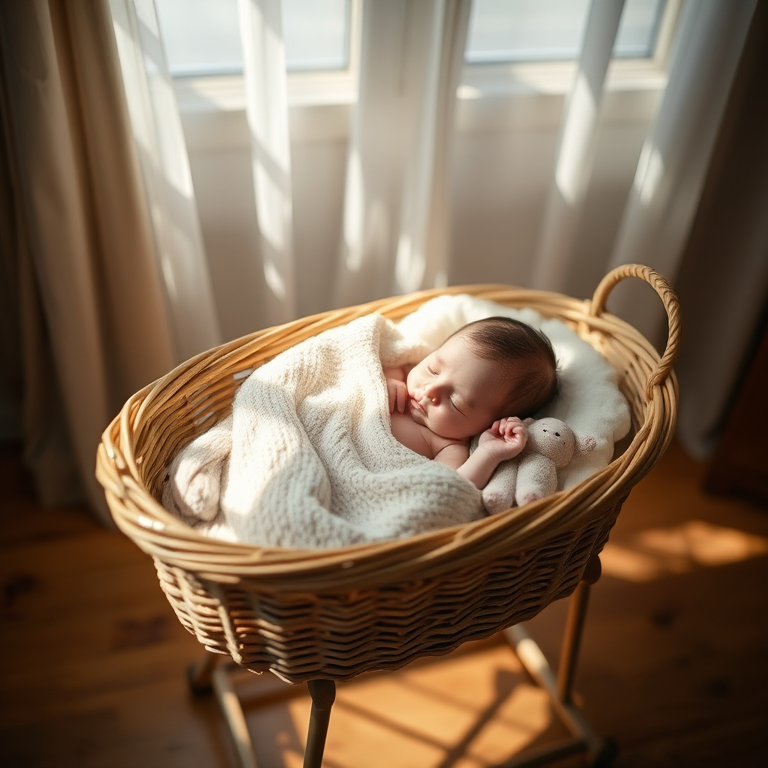 Soft focus, warm light, a newborn baby asleep in a wicker bassinet, cozy knitted blanket tucked around them, sunlight filtering through sheer curtains, gentle shadows on the baby's face, a small stuffed animal resting beside them, wooden floorboards visible underneath.