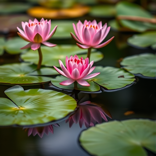 Capture a serene pond scene featuring two pink water lilies atop green lily pads, using a shallow depth of field with a 50mm lens, aperture set to f/2.8, ISO 200, and a low angle view to enhance the reflections on the water.
