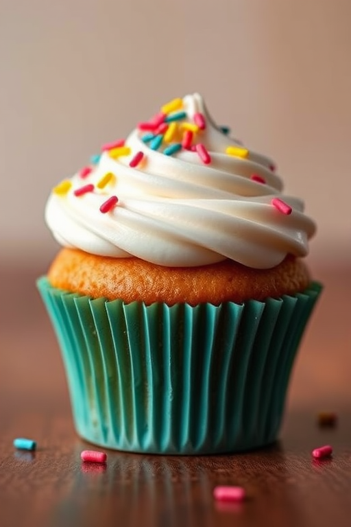 Create a high-resolution 3D rendering of a cupcake with a glossy white frosting topped with colorful sprinkles, use a Canon EOS R with a 50mm lens at f/1.8, ISO 200, shutter speed 1/125s, side lighting to enhance texture, and a blurred gradient background for depth.