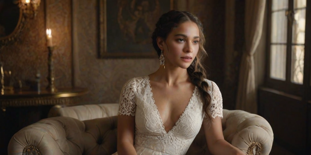 Create a portrait of a refined and elegant Ashkenazi woman seated in a sophisticated setting. She has long, wavy hair styled in two thick braids that are pulled over her shoulders. She wears a white, lace gown with intricate patterns, featuring a deep V-neckline and short sleeves. The dress exudes a vintage charm with its delicate lacework. She is adorned with ornate, dangling earrings that add a touch of glamour to her appearance. The background is softly lit, with warm, ambient lighting that creates a cozy and inviting atmosphere. Her expression is poised and serene, capturing a sense of grace and elegance.