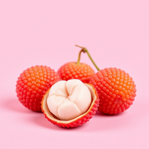 Create a high-resolution digital illustration of lychee fruit, showcasing three lychees with their outer skin partially peeled, set against a soft pink background, using a 50mm lens with an aperture of f/2.8, in soft natural light, captured with a DSLR camera for vibrant color representation and sharp detail.