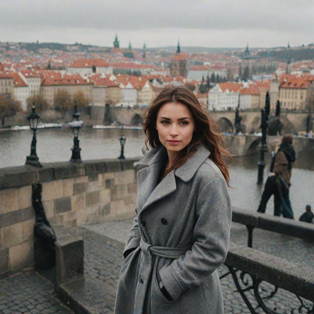 cinematic photo from above, waist up shot, sharp focus, a beautiful woman in foreground, in Prague, at the Charles Bridge, river in background, overcast rainy day, wearing long grey wool coat, warm rich color palette