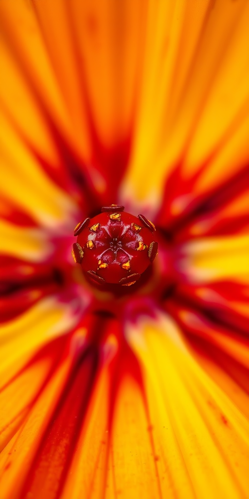 macro shot of a vibrant red and yellow flower center with high detail, f/2.8 aperture, ISO 100, 100mm lens, natural light, DSLR camera, shot from a close-up perspective to enhance texture and color saturation