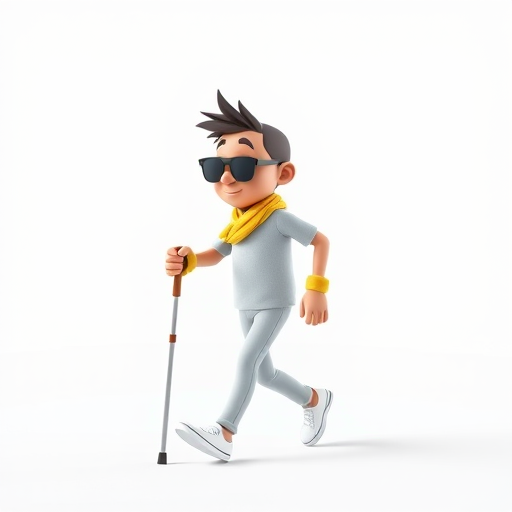 a 3D character walking with a cane wearing sunglasses and a yellow armband, clean white background, shot with a Canon EOS R6, aperture f/2.8, ISO 100, focal length 50mm, soft lighting, high-resolution.