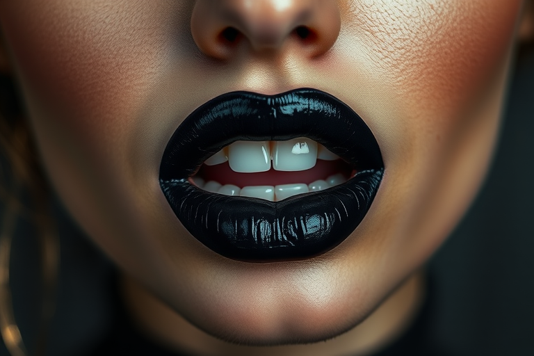 Dramatic woman lips accentuated by bold black lipstick with metallic sheen, full face portrait exuding edgy confidence and mysterious allure