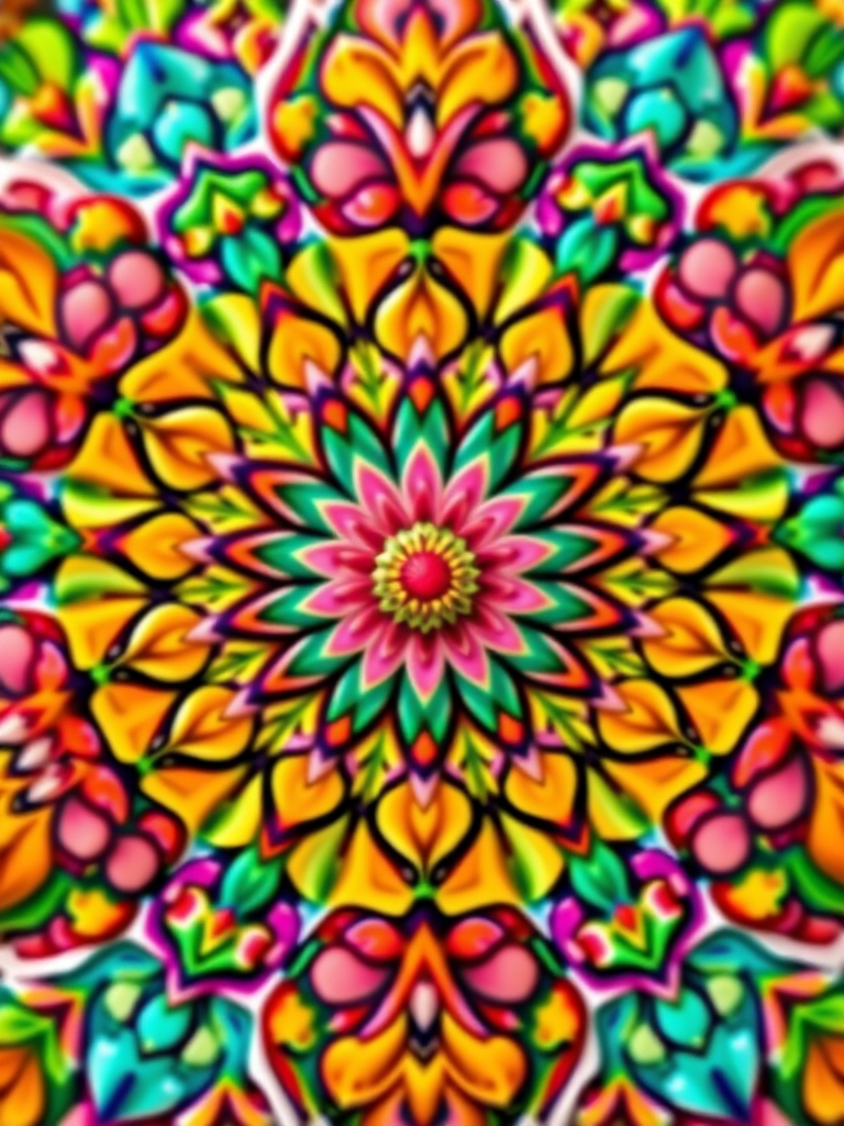 Create a vibrant and intricate mandala with a symmetrical floral pattern, high-resolution, wide-angle shot, f-stops around f/8 for depth of field, ISO 100, shot on a DSLR camera with macro lens for fine detail capture.