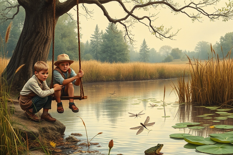 Imagine a small group of old fashioned young boys out fishing by the creek, a swing hanging from a tree branch, reeds and grasses by the water's edge, a frog sitting on a lily pad, dragonflies hovering over som water plans, a very iconic old fashioned scene reminiscent of a Norman Rockwell painting style
