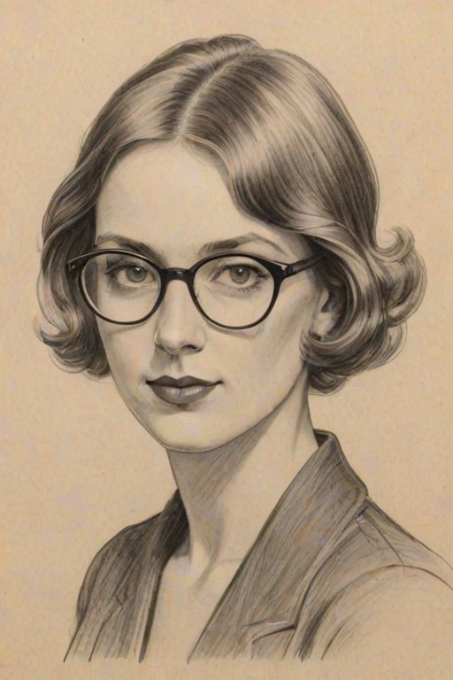 Sublime Sophie Thatcher, pencil sketch, portrait of Fetching woman 1928s in glasses, hair style beatnik, outline, clear lines, fine lines, 8k