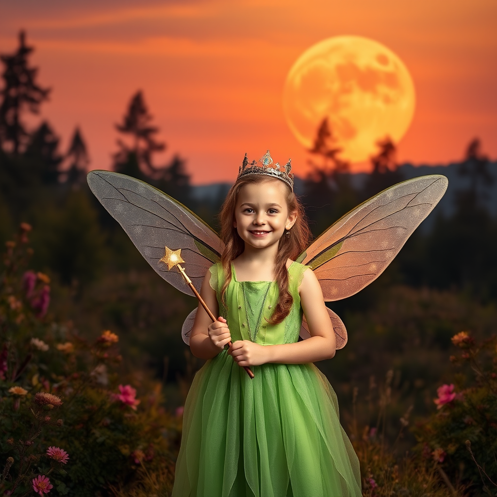 A vivid photo  taken under a bright camera flash of a fantastical scene set against a backdrop of a forest during sunset. The main subject is a girl dressed as a fairy, adorned with translucent wings and a green dress, holding a wand, her face is happy, and she wears a crown on her head. The forest behind her is a blend of flowers, shrubs and trees. The sky is painted in hues of orange and pink, with a large, glowing moon casting a warm glow over the scene. The overall color palette is dominated by earthy tones.