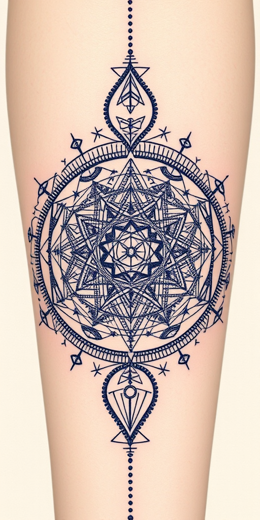 Dotwork sacred geometry tattoo dubbed "Cosmic Blueprint" featuring intricate patterns of circles, lines, and shapes created entirely with tiny dots to form a three-dimensional illusion