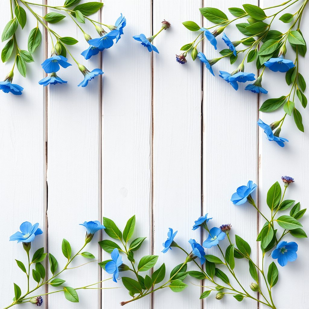 high-resolution image of a white wooden background with a floral border featuring blue flowers and green leaves, shot with a Canon EOS R5, 85mm f/1.2 lens, f/2.8 aperture, ISO 100, soft natural lighting, top-down view