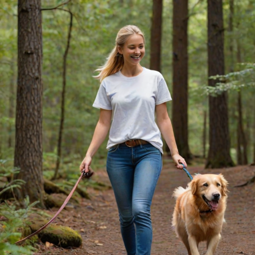 A young blonde woman walking her golden retriever in a serene forest, wearing a white t-shirt and fitted blue jeans, her hair tied back in a ponytail, with a few loose strands framing her bright smile, as she gazes down at her dog while holding the leash with a relaxed grip.