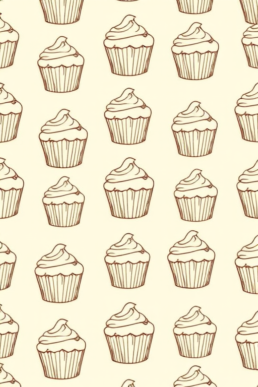 Create a seamless pattern of outlined cupcakes on a soft beige background, high resolution 300dpi, shot with a DSLR camera at f/8 aperture, 50mm lens, focused for a clean, crisp design.