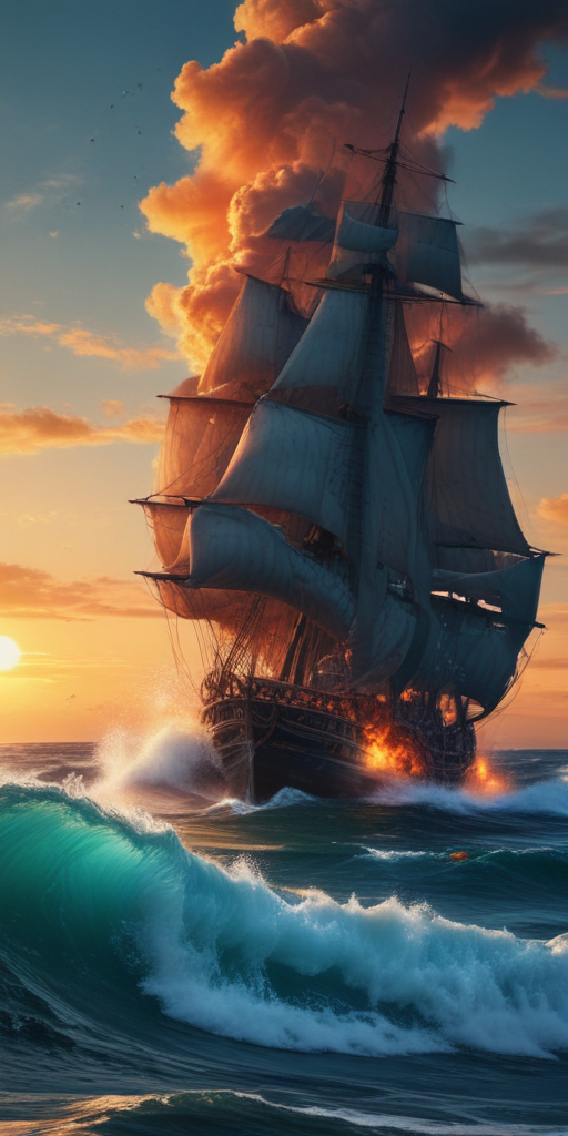 Majestic Ship Sailing Through Turbulent Waves Under a Vibrant Sunset Sky