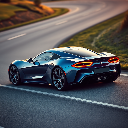 Generate an image of a luxury sports car parked on the side of a road during what appears to be dawn or dusk, given the soft light and shadows. The car should have a sleek design with aerodynamic features, a low-profile stance, and large, alloy wheels. It should display a contemporary color scheme, possibly a unique shade of blue that matches well with the ambient light in the setting. The vehicle's bodywork should gleam, reflecting the surrounding environment, and it should have distinctive lighting accents that enhance its sporty appearance. In the background, there should be a roadside with a grassy embankment on one side and possibly some trees or shrubbery along the edge of the pavement. The overall mood of the image should convey a sense of luxury, speed, and the tranquility of an early morning or late evening drive.