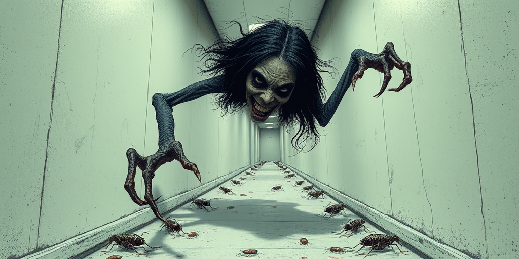 a crooked female with long arms and a creepy smile is crawling along a long white corridor and you can also see cockroaches in it there is a creepy atmosphere creepy art style