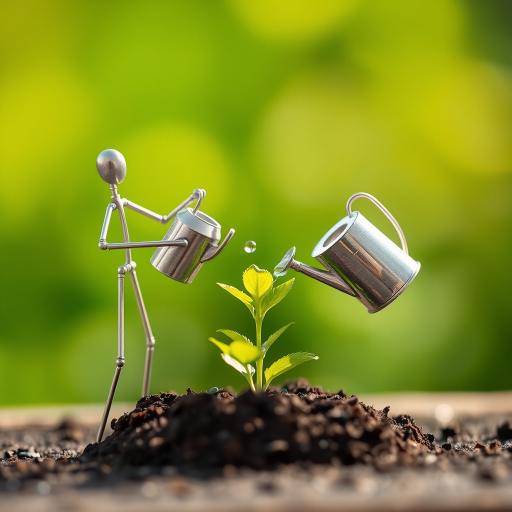 A metal figurine of a person, constructed from thin, silver rods, stands on the left side of the image, facing the viewer. The figurine is holding a small watering can and pouring water onto a young plant, with a few droplets in the air. The plant, with lush green leaves, is situated in the center, growing from dark soil. The background is a soft, out-of-focus blur of green, illuminated by warm, natural light.  The composition creates a sense of depth and intimacy. The image evokes feelings of growth, nurture, and hope.