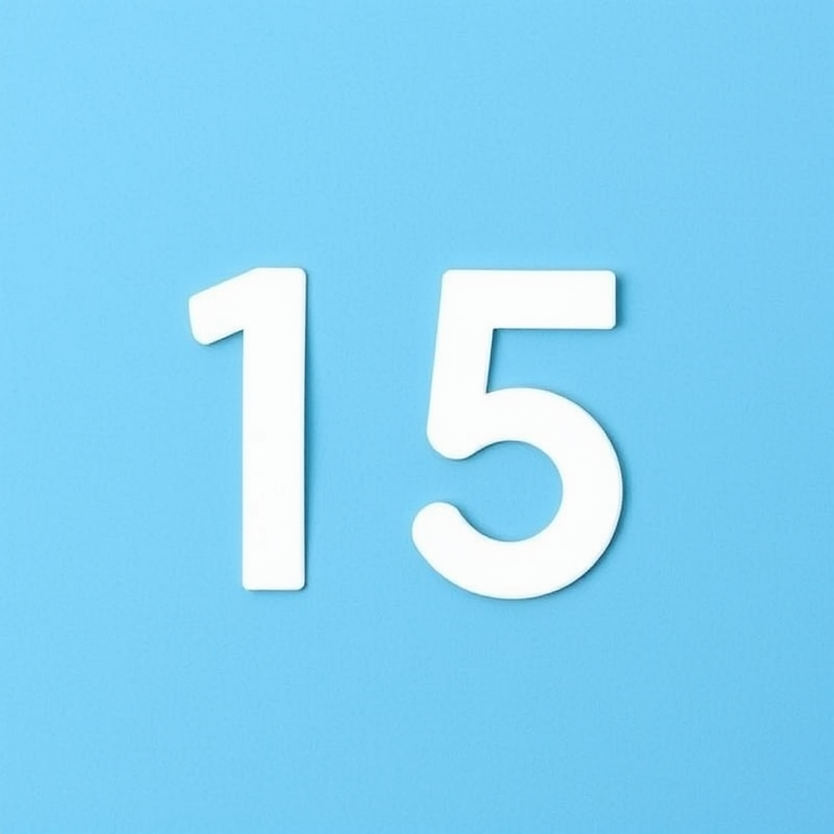Create an image of the number 15 on a blue background, capture with a DSLR camera, 50mm lens, aperture f/2.8, ISO 100, natural light, with a sharp focus on the number for high detail and vibrancy.