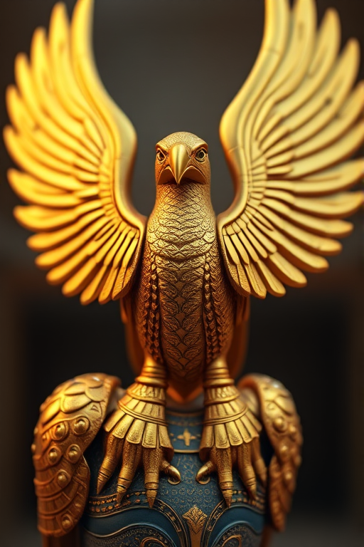 Create an ultra-detailed 3D render of a golden Egyptian falcon deity with intricate textures and a dramatic backdrop, using a full-frame DSLR camera at f/1.8, ISO 100, 50mm lens, natural light, and a shallow depth of field for a blurred background effect.