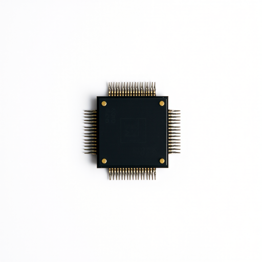 Create a high-resolution image of a microchip on a clean white background with a 50mm lens, f/2.8 aperture, ISO 100, and a centered top-down view using a DSLR camera for enhanced clarity.